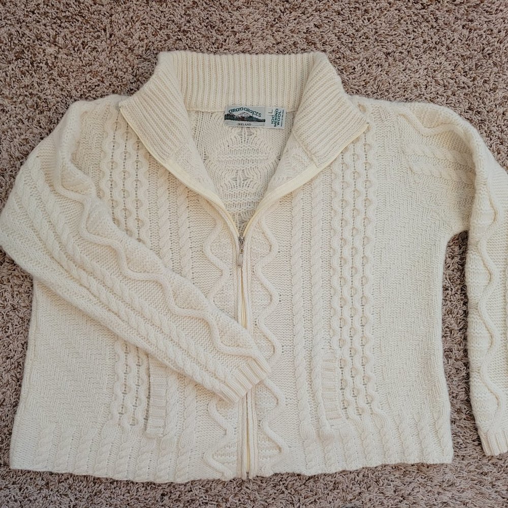 Aran Crafts Cream 100% Merino Wool Cable Knit Full Zip Cardigan with Pockets, L